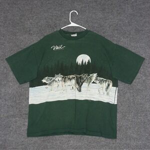 Vintage Signal Sports T Shirt Mens XL Green Wolf Pack Moon Nature Graphic AOP